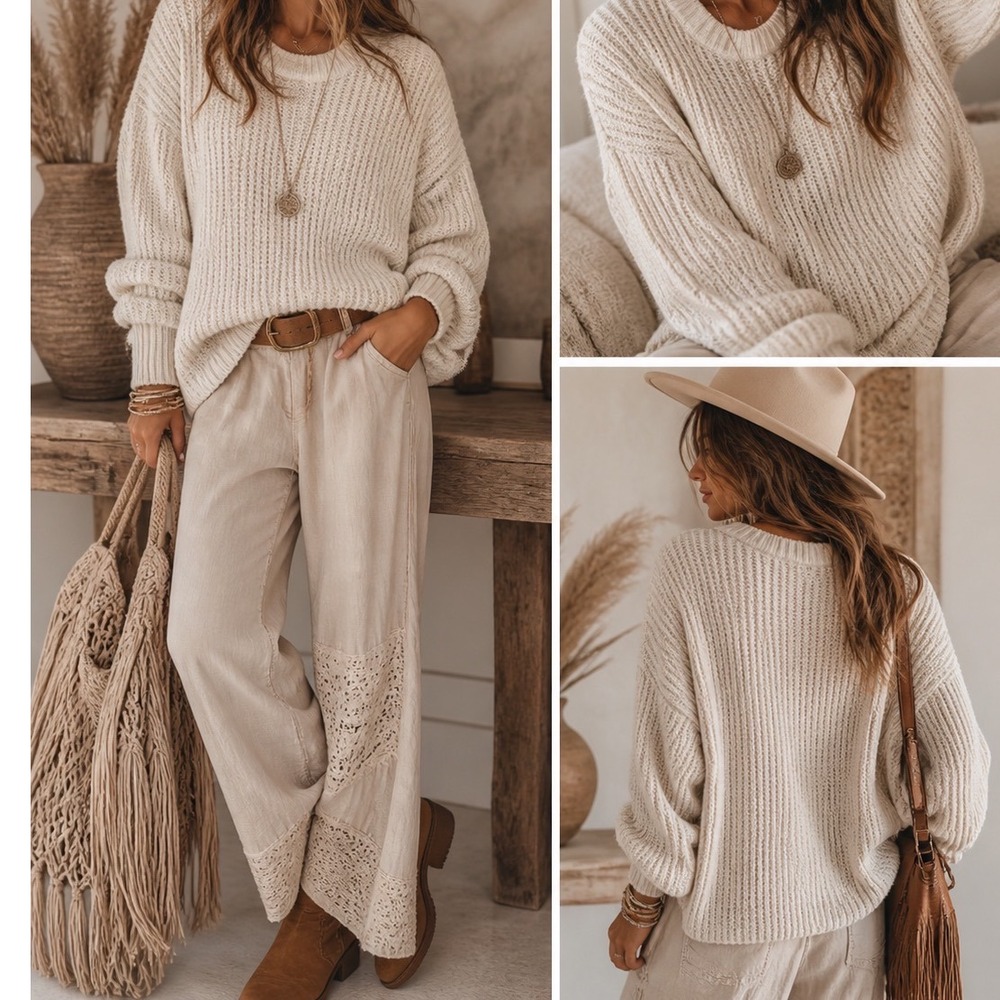 Free People Women's Cream Ribbed Knit Oversized Pullover Sweater small f1